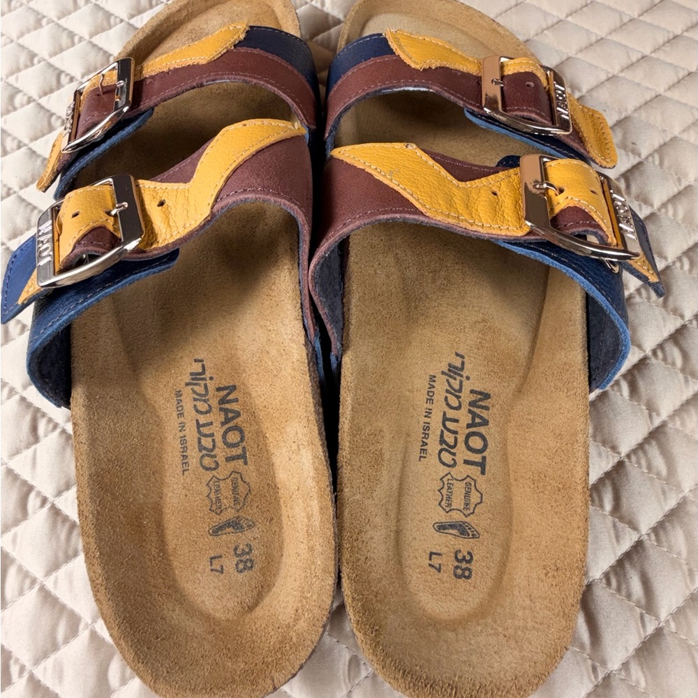 Naot San Diego Slide Sandals in Brown, Mustard, and Navy, Size 7/38 EU, NWB - Picture 4 of 14